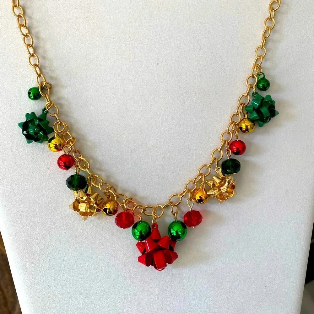 Handmade Christmas Charms Gold Tone Holiday Statement Necklace
